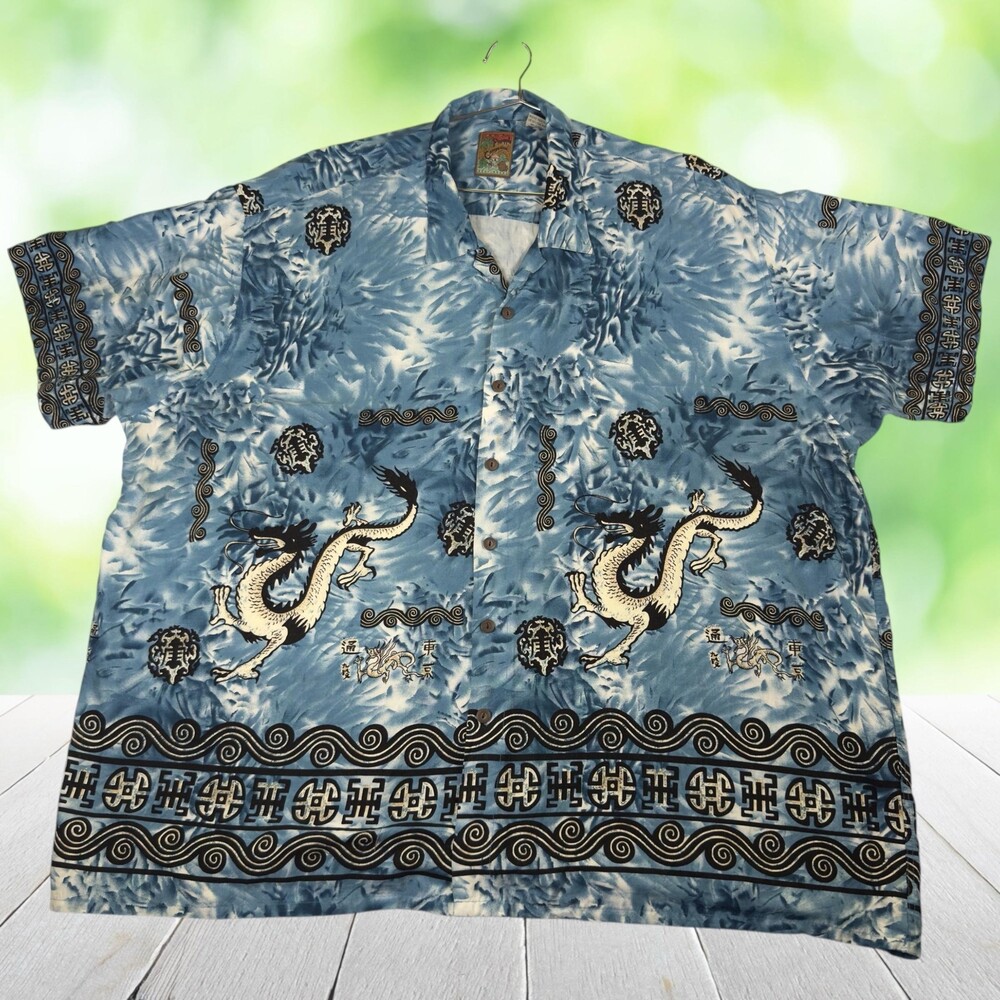 Vintage 90s PINEAPPLE CONNECTION Dragon Aloha Hawaiian Shirt Blue Mens 4XB